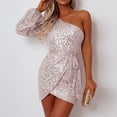 thumbnail image 2 of FEIFLY Women Sequined Short And Long Sleeved One Shoulder Sequined Irregular Dress Solid Color Festival Clothing, 2 of 5