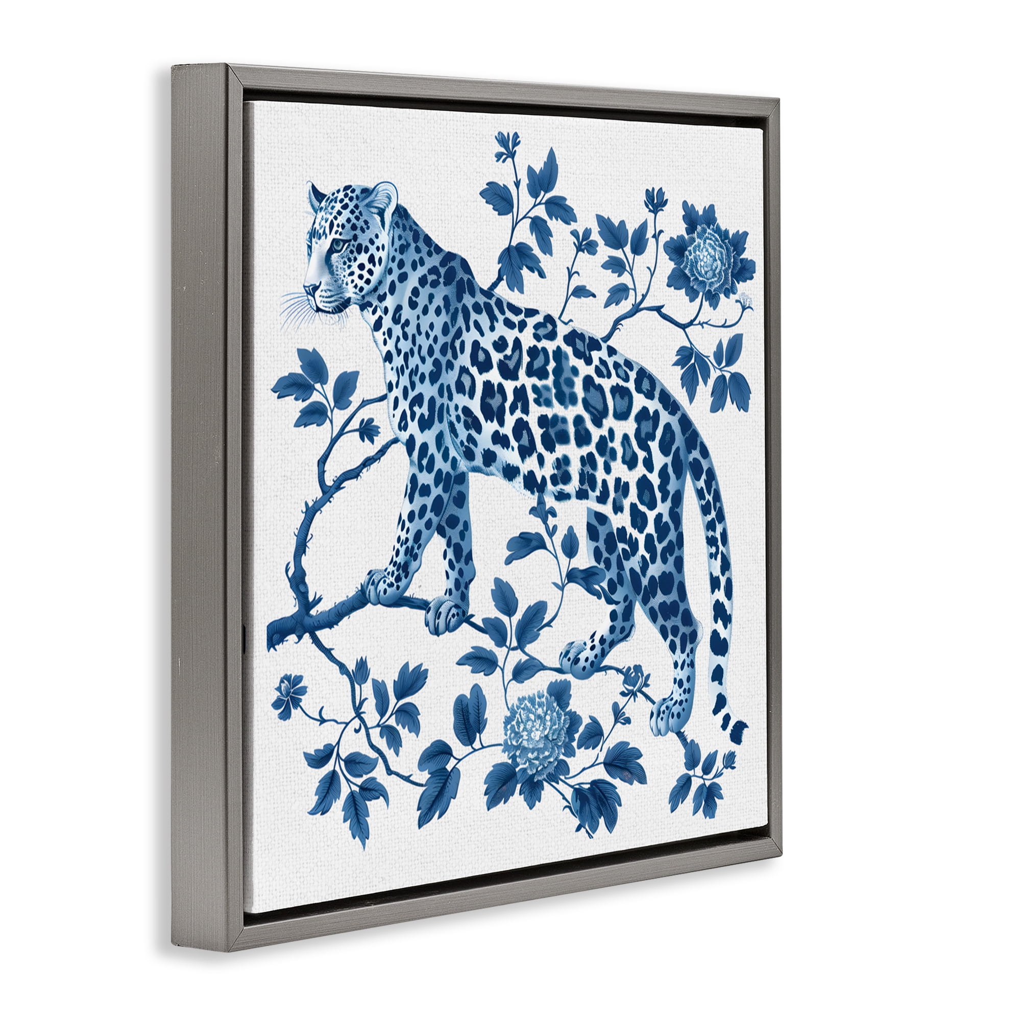 Traditional Ornate Floral Leopard Gray Framed Floater Canvas Wall Art, design by Lettered and Lined