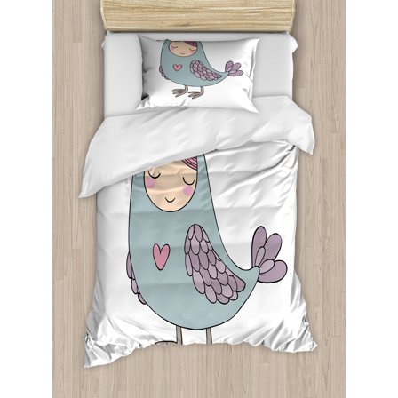 Kids Twin Size Duvet Cover Set, Russian Folklore and Mythology Childish Sirin Bird Character with Pink Heart Cartoon, Decorative 2 Piece Bedding Set with 1 Pillow Sham, Multicolor, by Ambesonne