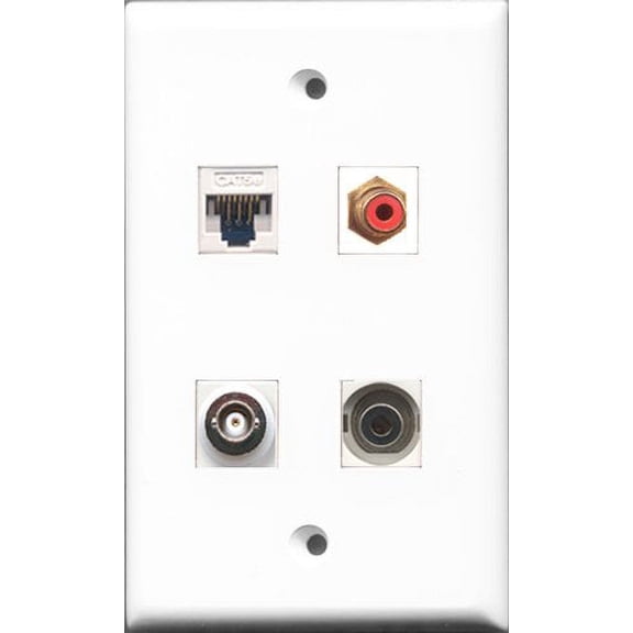 RiteAV 1 Port RCA Red and 1 Port 3.5mm and 1 Port BNC and 1 Port Cat5e Ethernet White Wall Plate