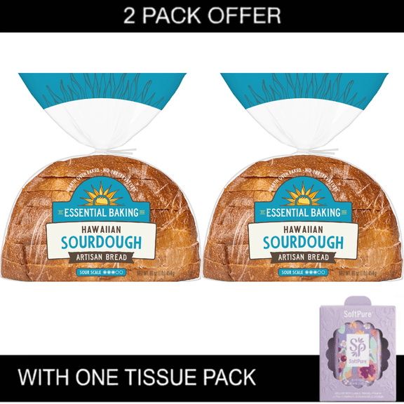 2x Essential Baking Hawaiian Sliced Sourdough Bread, Non-GMO, 16 oz & Tissue Pack