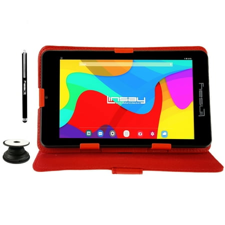 LINSAY 7" Quad Core 2GB RAM 64GB Storage Android 13 WiFi Tablet with case Red Leather Case, Pop Holder and Pen Stylus