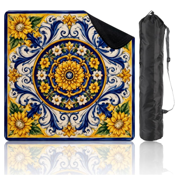 Travel Mahjong Mat 21" x 21" Vintage Floral Tile Blue Yellow Orange Non-Slip Noise Reduction Mini Mahjong Tiles for Dominoes Poker Card