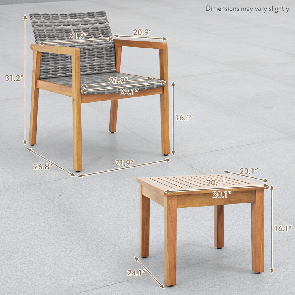 Hommoo 3-Piece Outdoor Patio Furniture Set, PE Rattan Chairs + Acacia Wood Coffee Table, Weather-Resistant, Ideal for Garden, Poolside & Courtyard, Gray & Natural