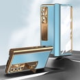 thumbnail image 1 of TECH CIRCLE For Samsung Galaxy Z Fold 3 Built-in Tempered Glass Front Film Case,Luxury Lychee Pattern PU Magnetic Kickstand Hinge Anti-Scratch Full Protection Cover with S Pen Holder.Gold&Blue, 1 of 8