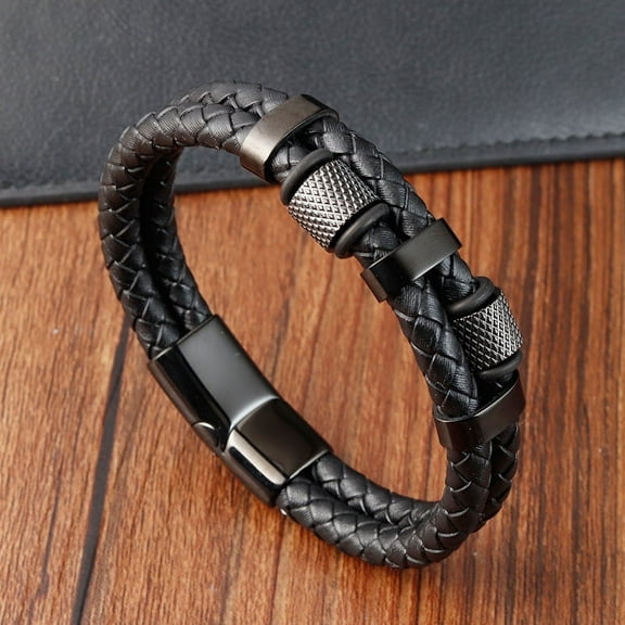 Wollet Cowhide Bracelet, Men's Multi-layer Stainless Steel Genuine Leather Woven Bracelet, Handmade Leather Bracelet
