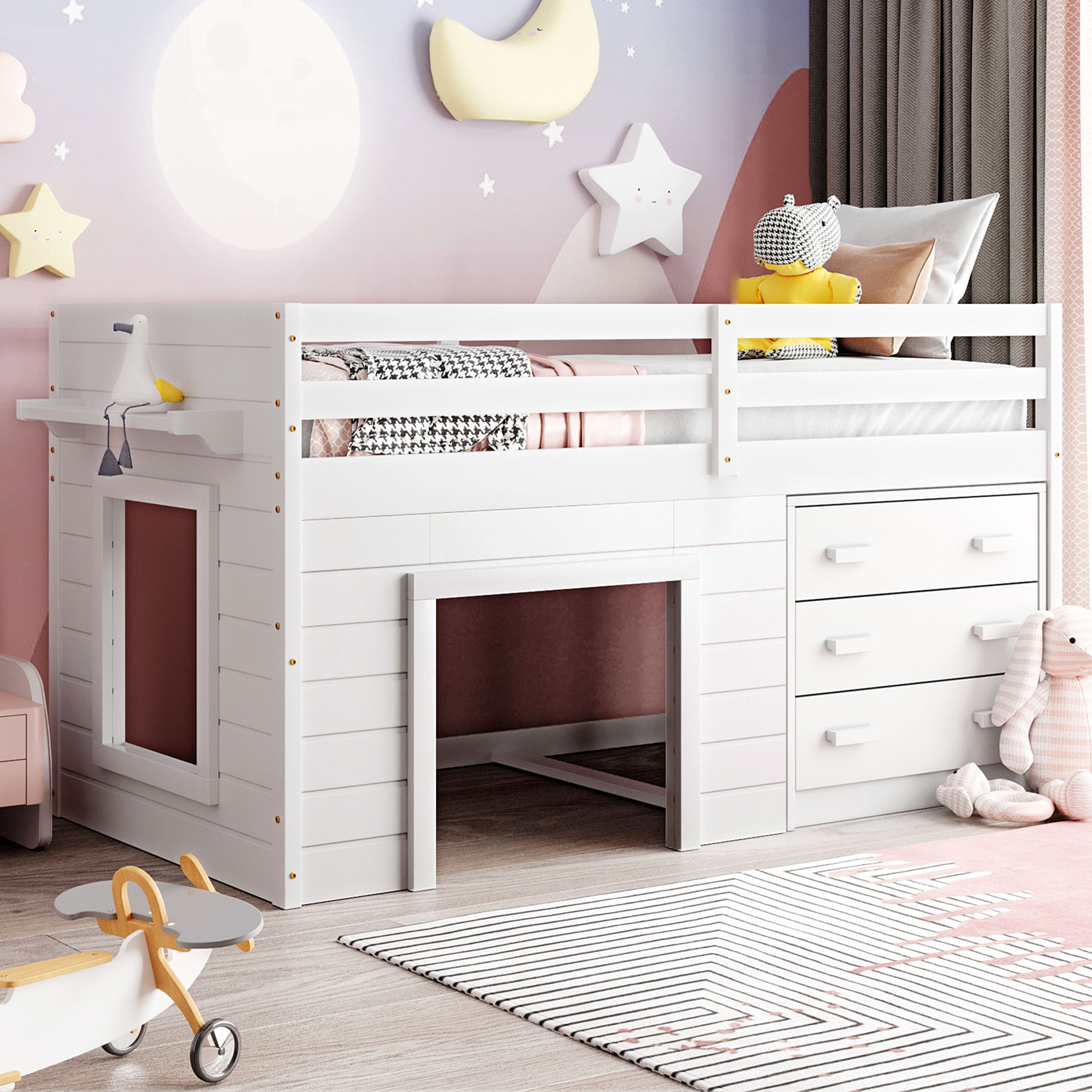Cfowner Twin Size Solid Wood Low Loft Bed with 3-Drawer Cabinet, Built ...