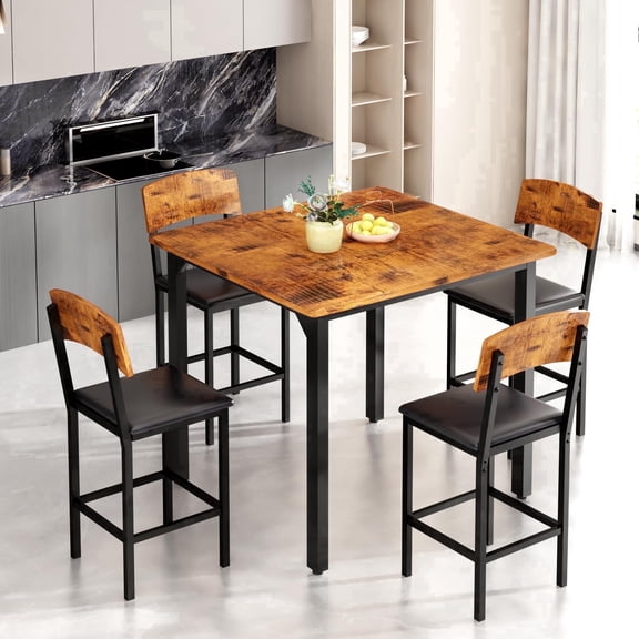 Baxluxe four-person dining table and chair set, marble kitchen dining table and chair set, equipped with leather cushioned dining chairs, suitable for kitchens and restaurants, apartments brown/grey