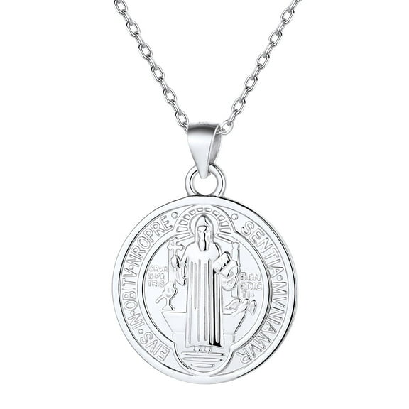 ChicSilver Saint Benedict Cross Necklace Round Coin Medallion Necklace 925 Sterling Silver Amulet Jewelry Gift for Women Men