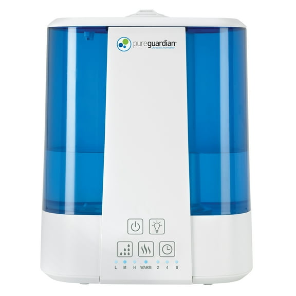 Pure Guardian H5225WCA Ultrasonic Warm and Cool Mist Humidifier, 100 Hrs. Run Time, 2 Gal. Tank Capacity, 560 Sq. Ft. Coverage, Quiet, Filter Free, Silver Clean Treated Tank, Essential Oil Tray