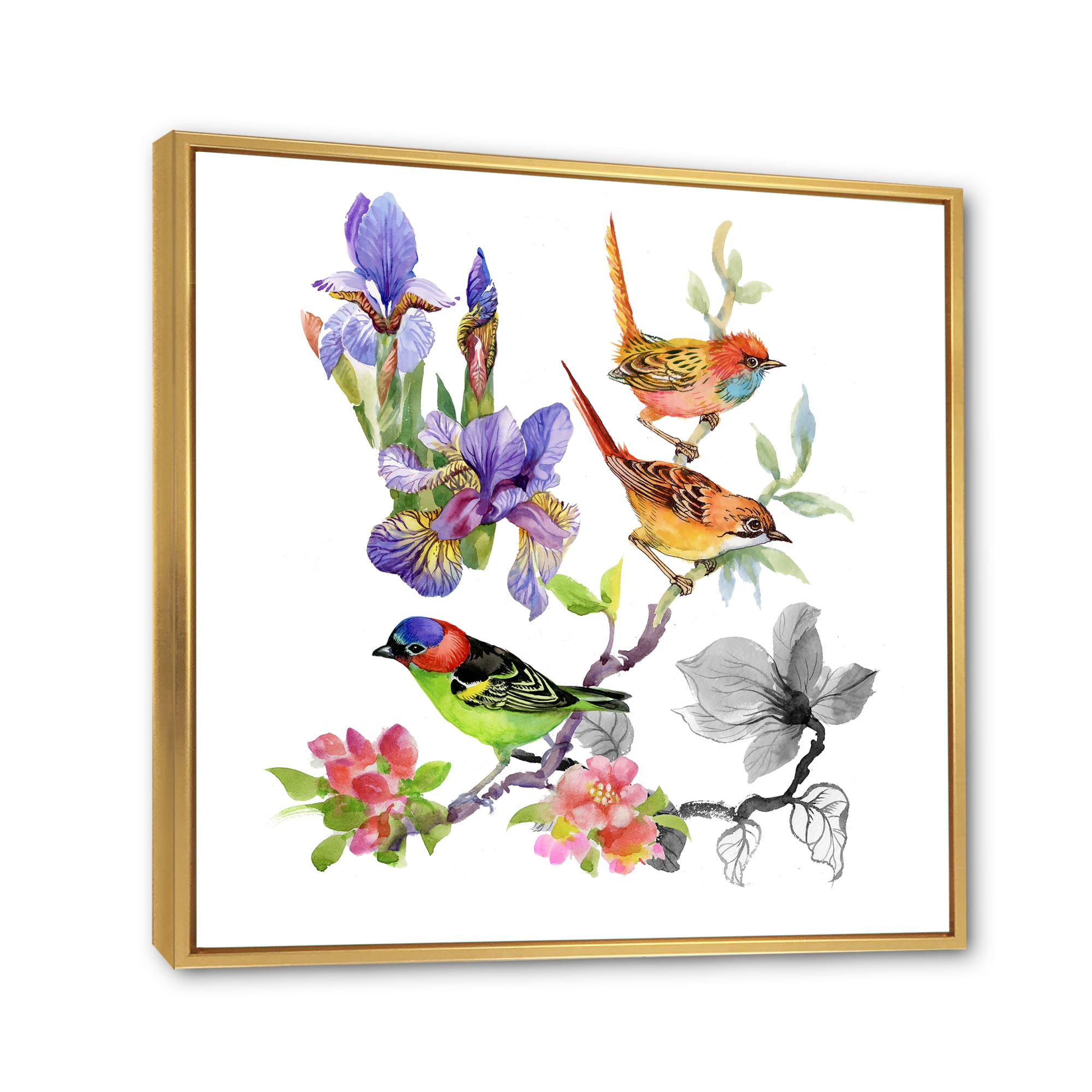 Designart 'Colourful Birds and Tropical Flowers I' Traditional Framed Canvas Wall Art Print