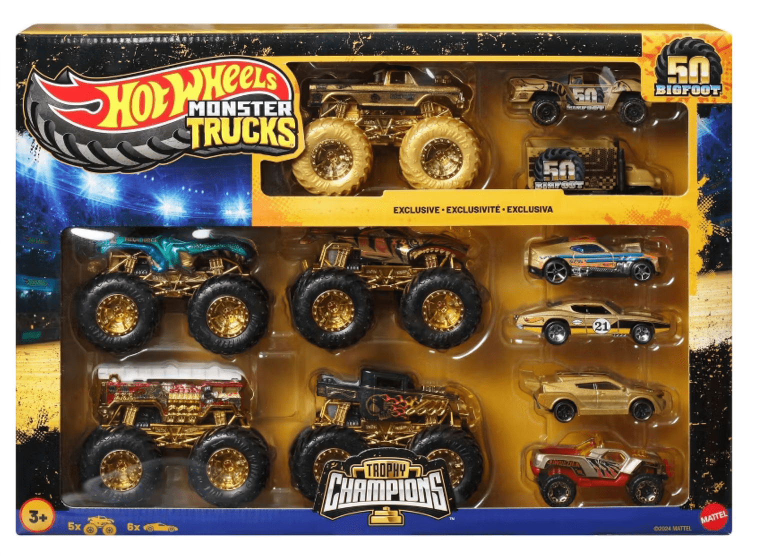 Mattel Bigfoot 50 Trophy Champions Set, 5 Monster Trucks, 6 Hot