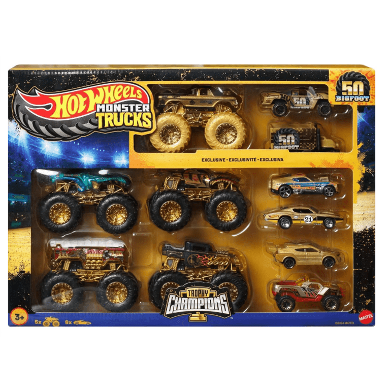 Mattel Bigfoot 50 Trophy Champions Set, 5 Monster Trucks, 6 Hot