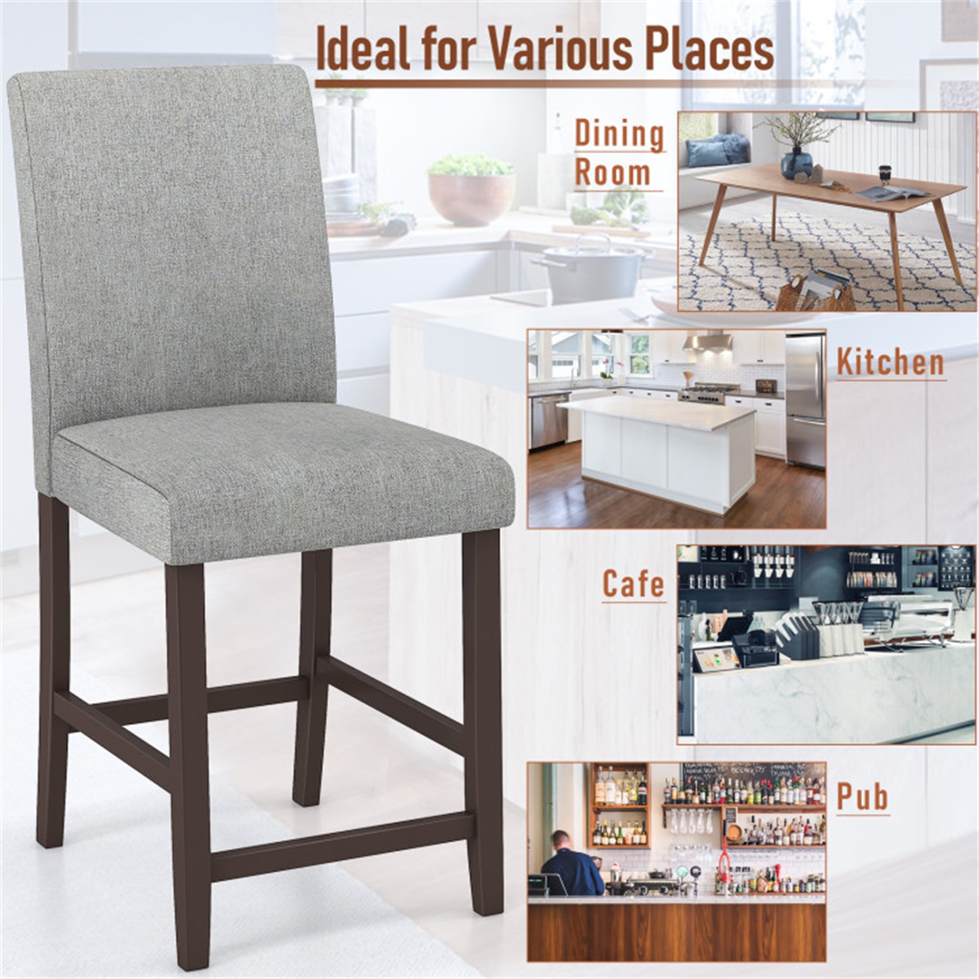 Demi Bonn 25" Set of 2 Counter Height Bar Stools, Modern Dining Chair with Backrests, Gray