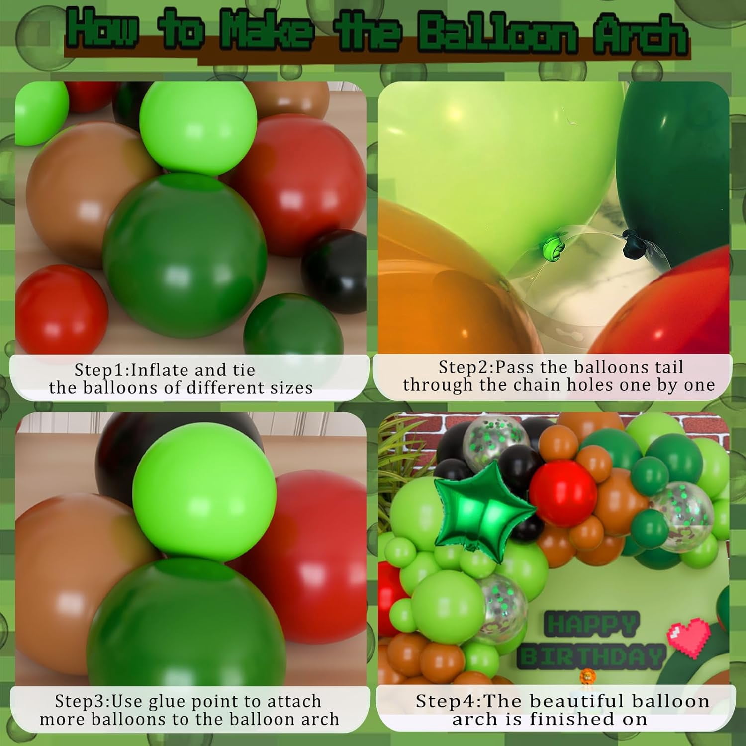 Balloon Arch Garland with Green Brown Black Balloons and Star Confetti for Video Game Theme Birthday Baby Shower Graduation Party Decorations