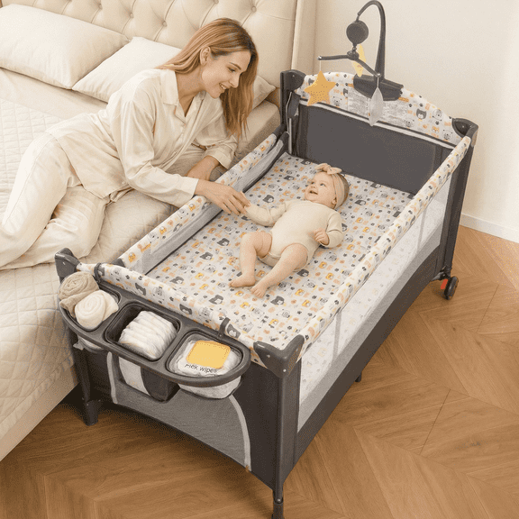 INFANS 5 in 1 Baby Bassinet with Playard, Larger Size Bedside Sleeper, Diaper Changer, Mattress for Newborn Toddlers