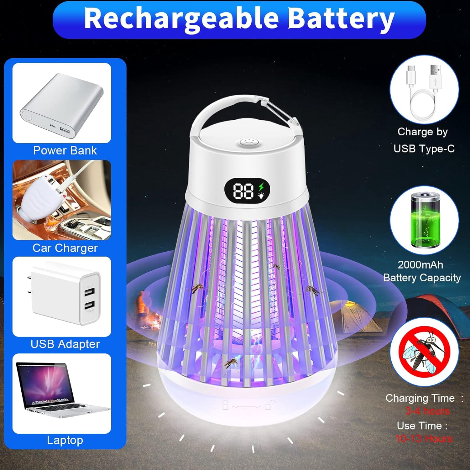 Bug Zapper Indoor Outdoor, 2000V Rechargeable Mosquito Fly Zapper Kilers with LED Light, Electric Portable USB Powered Insect Trapps for House, Camping, Picinic, Garden, Patio, Yard, Lawn, White