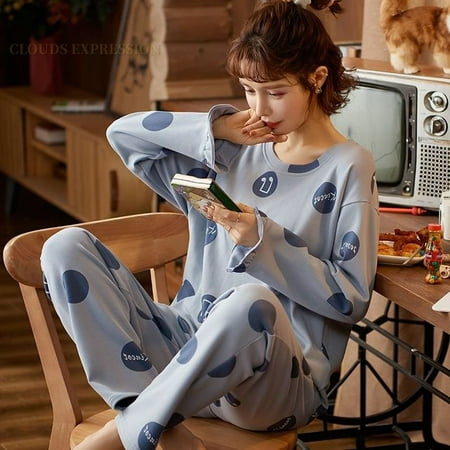 

QWZNDZGR Autumn Sleep Lounge Pajama Long Sleeved Top Polka Dots Women Pajama Sets Cartoon Pyjamas Cotton Sleepwear Women M L XL XXL XXXL