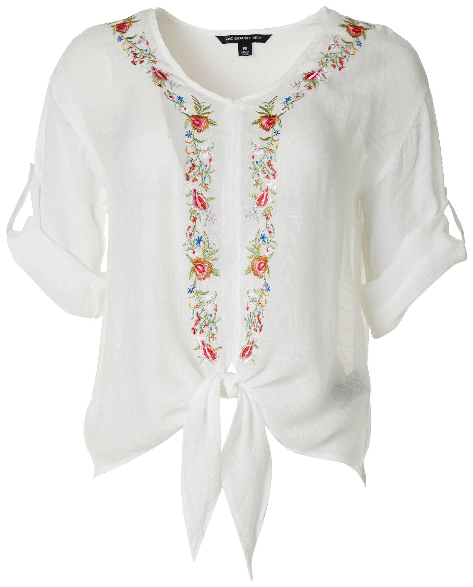 Zac & Rachel Petite Floral Embroidered Tie Front Top 