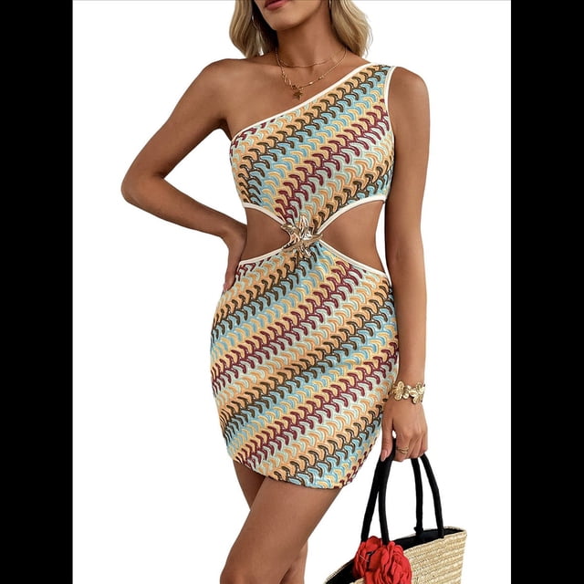 Vestido Ajustado de Verano para Mujer, de Crochet, con un Solo Hombro, para Playa, con Falda A la Cadera, de Tejida para Vacaciones Caqui S