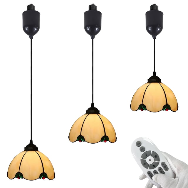 FSLiving Adjustable Height Halo Track Light Pendants, 4 Ft Cord, H-Type Track Pendant Lights by Remote Tiffany-Style Yellow Glass, Smart LED Edison Bulbs Track Mount for Sloped and Vaulted Ceiling