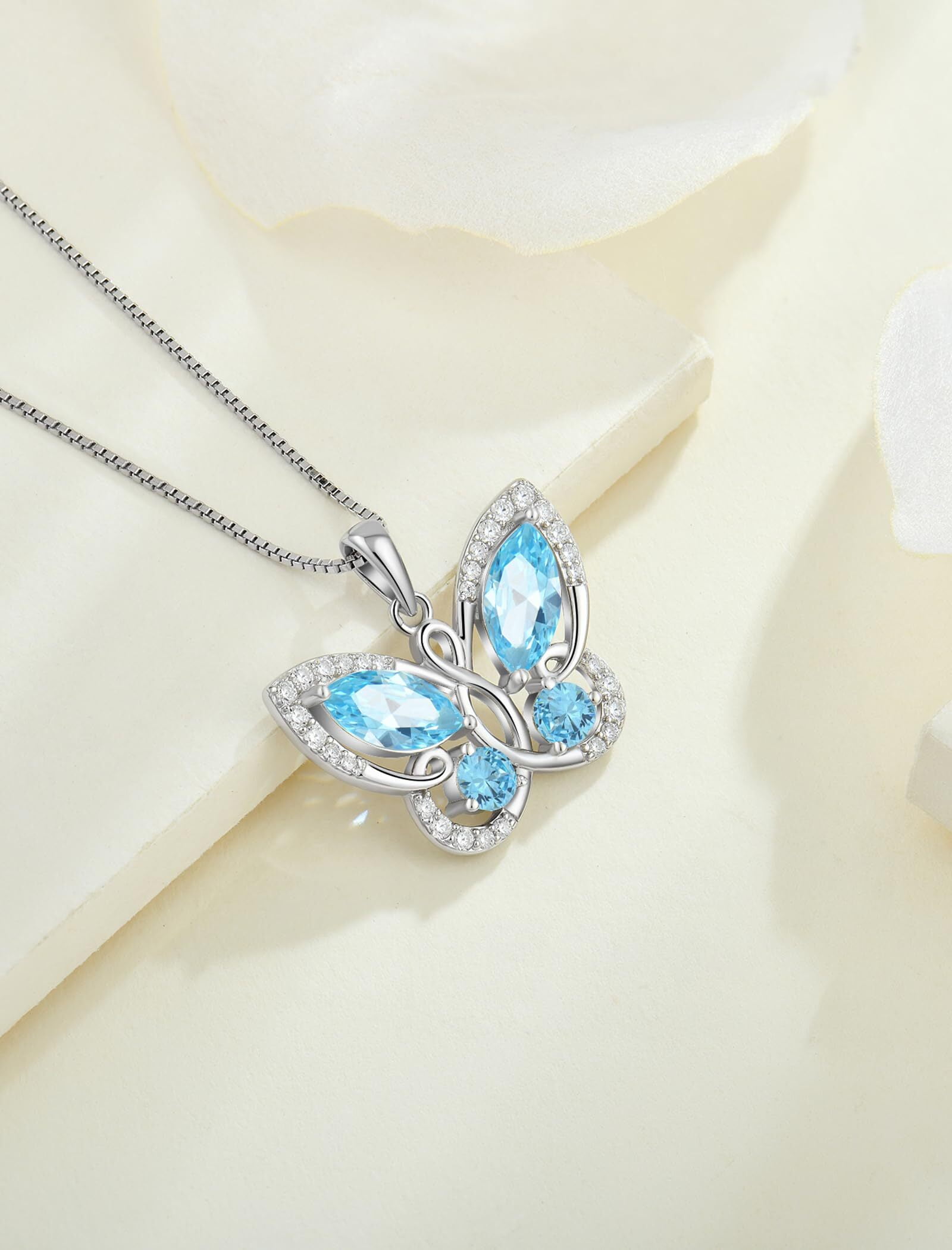 Starchenie Butterfly Pendant Necklace Women 925 Sterling Silver Birthstone March Aquamarine Butterfly Jewelry Gifts