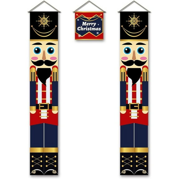 3 Pcs Nutcrackers Porch Banner Merry Christmas Banner Soldier Model Nutcracker Banners for Outdoor Porch Door Home Christmas Decorations colorful