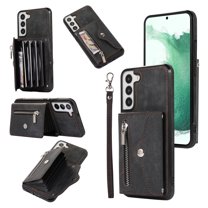 SaniMore for Samsung Galaxy S22 Case, Samsung Galaxy S22 Wallet Case for Women Men, PU Leather RFID Blocking Wristlet Zipper Shoulder Strap Cover with Card Holder Kickstand, Black