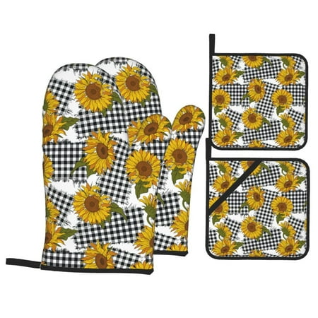 

Oven Mitts and Pot Holders Sets 4 pcs - Bright sunflower flowers checkered Heat Resistant Silicone Oven Gloves with Non-Slip Silicone Surface and hot pads for kitchen Baking Cooking BBQ