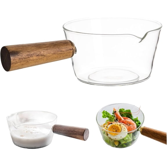 600ml Transparent Glass Milk Pot with Wooden Handle & Spout - Stove Top Safe Glass Saucepan for Boiling Milk, Noodles, Pasta & Soup, Small Glass Cooking Pot for Home Kitchen