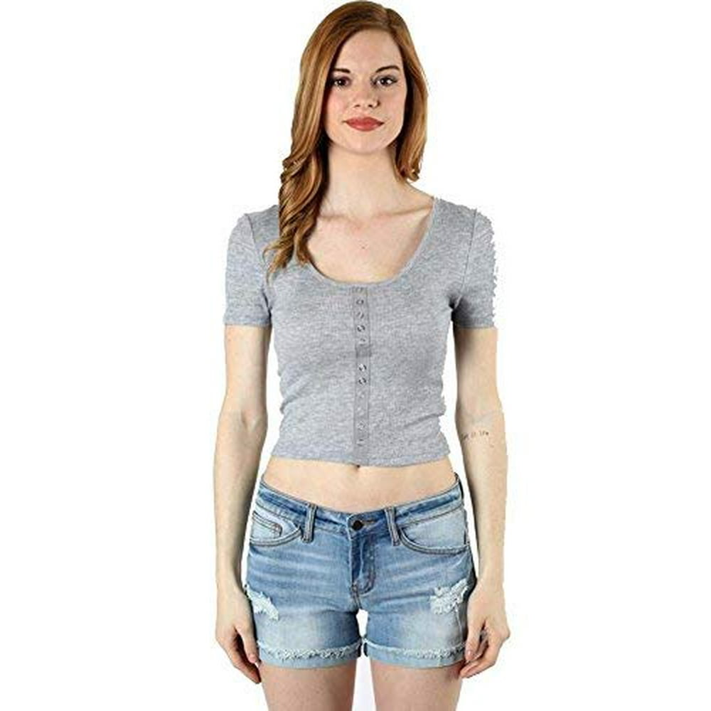 Fashion Secrets Juniors Ribbed Scoop Neck With Faux Snap Button Crop