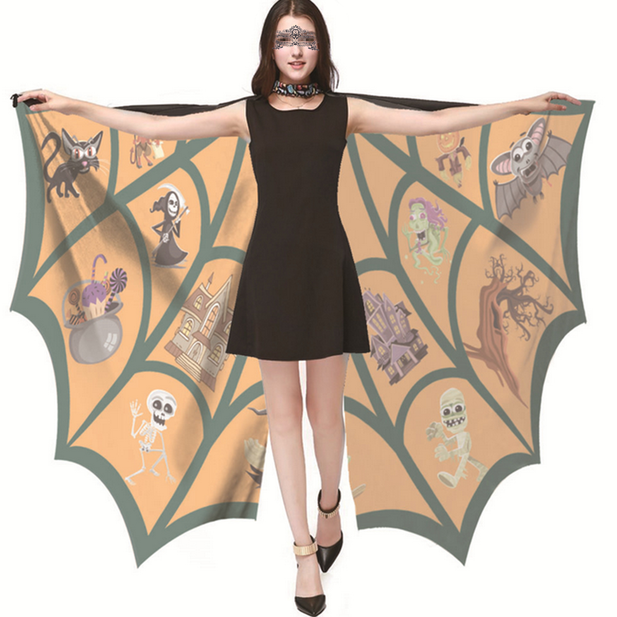 Wings Halloween Fairy Ladies Cloak Wings Shawl with Mask Bat Pattern