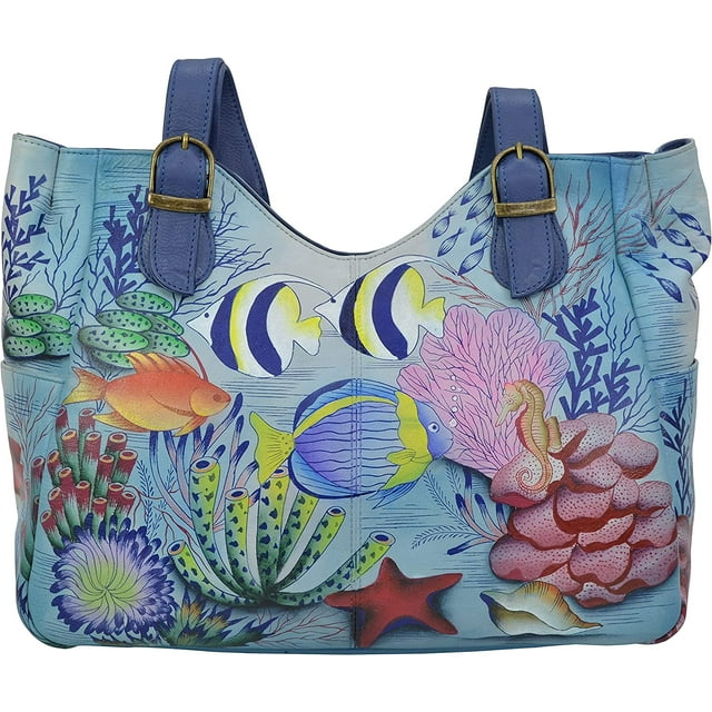Anna by Anuschka Women’s Hand Painted Genuine Leather Shoulder Bag - Doble Magnetic Closure, Partitioned Compartment, Cell- and Multipurpose pockets, Double Shoulder Strap