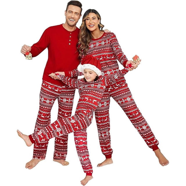 Ekouaer Conjuntos de pijamas de Navidad familiares a juego para mujeres, hombres y niños, pijamas de manga larga, conjuntos de salón de vacaciones
