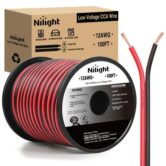 Nilight 100FT 12AWG Copper Clad Aluminum Wire 12/2 Gauge Red Black CCA Electrical Cable 2 Conductor Parallel 12V/24V DC Flexible Extension Cords for Car Audio Radio Speaker Amplifier