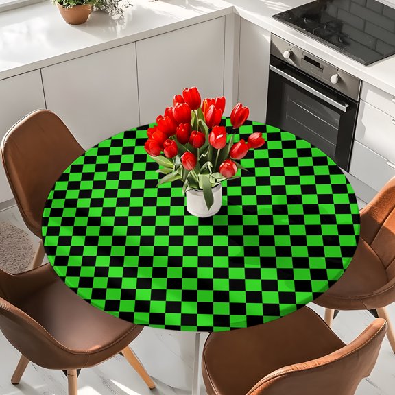 Rustic Green Black Buffalo Plaid Round Fitted Tablecloth with Elastic Edge,Waterproof Table Cloth Fits 36"-44"Tables,Wipeable Washable Table Cover for Indoor Outdoor Dinning Party,Abstract Checkered