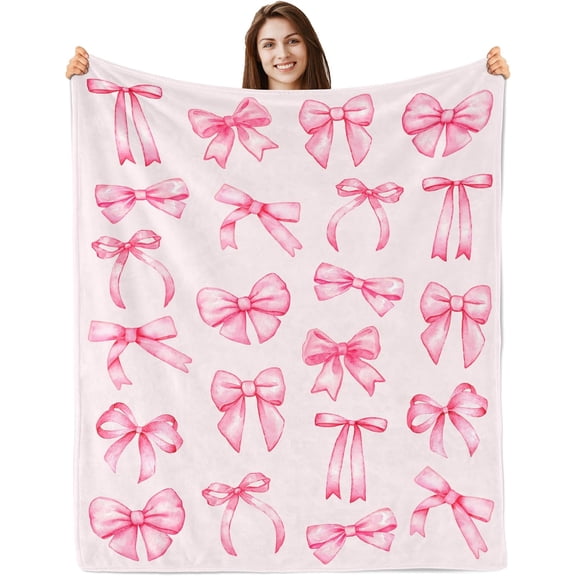 Butonus Bow Blanket 60x50in Pink Bow Throw Blanket for Women Coquette Room Decor for Sofa Couch Travel Bed