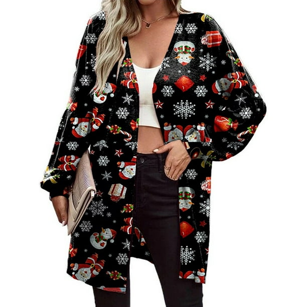 Fashnice Women Xmas Cardigans Snowman Print Outwear Open Front