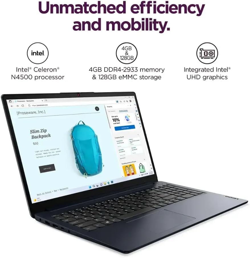 Lenovo Ideapad 1 15.6" HD Laptop, Intel Celeron N4500, 4GB DDR4, 128GB eMMC, W11HS, 1 Year Office 365, Abyss Blue, 82LX00D3US