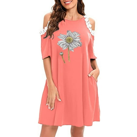 

Juebong Women s Summer Casual Off Shoulder Lace Short Sleeve forgive Solid Color Dress