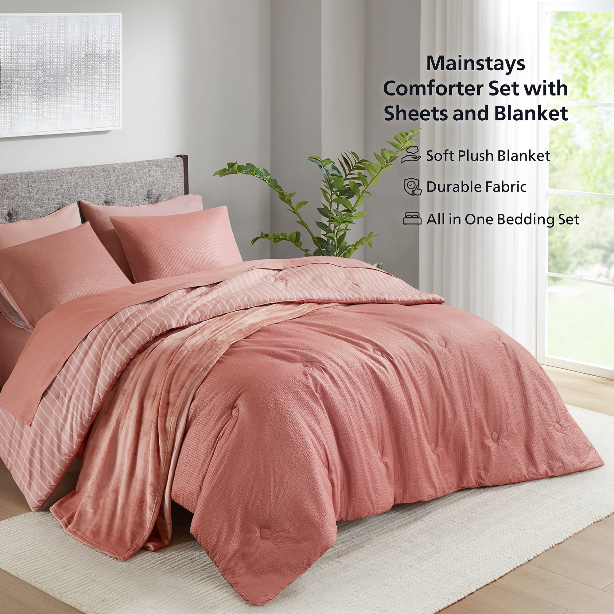 Mainstays 8-Piece Bed in a Bag Comforter Set with Sheets and Blanket, Red Canyon, King