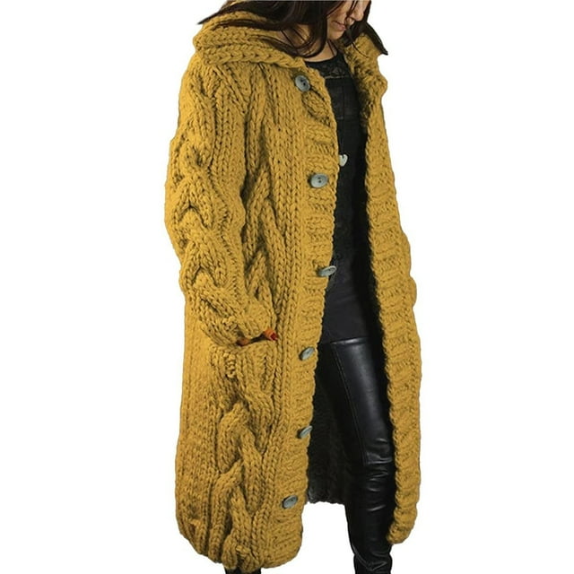 Cárdigan de Larga de Punto Grueso para Mujer, Suéter de Otoño Invierno de Gran Tamaño con Botones y Bolsillo. Amarillo 4XL