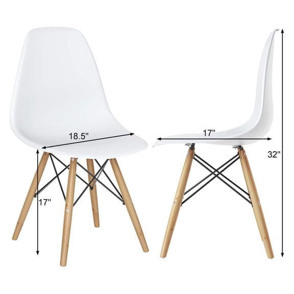 DSW Dining Chairs, Shell Plastic Chairs with Wood Legs, Modern Style Armless Chairs for Living Room Kitchen Bedroom, Eiffel DSW Style Side Chairs with Ergonomic Backrest Set of 2, White
