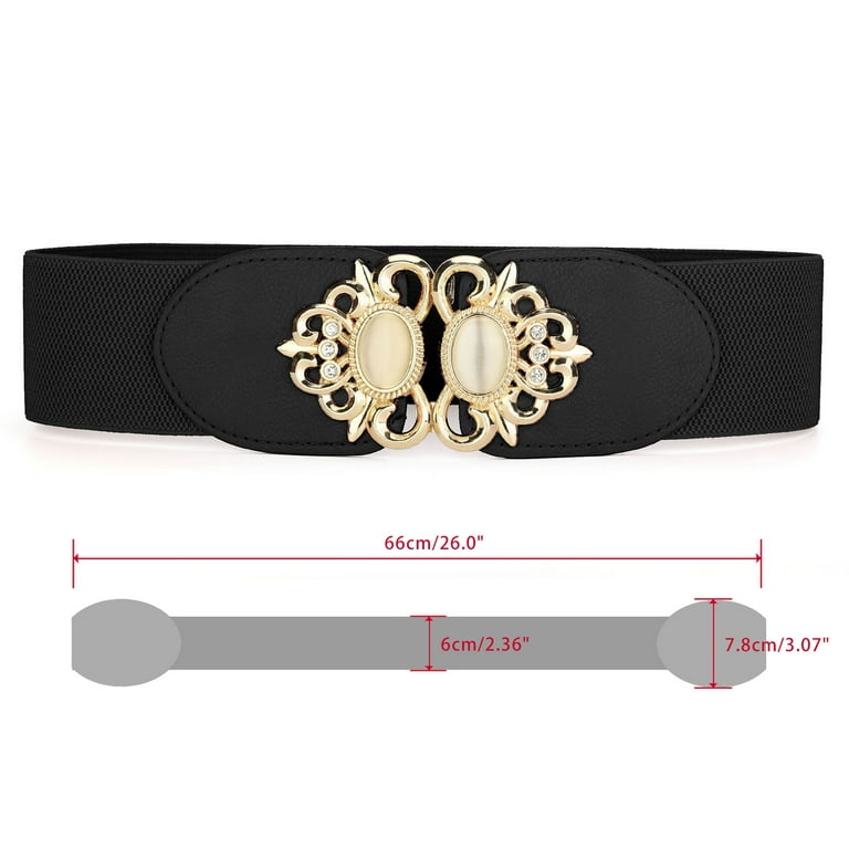 Women's Textured Beaded Metal Decor Elastic Waist Belt Black