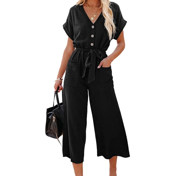 VISgogo Mono recortado para mujer, manga corta, cuello en V, cierre de botón, lazo en la cintura, pantalones sólidos con bolsillos VISgogo moda