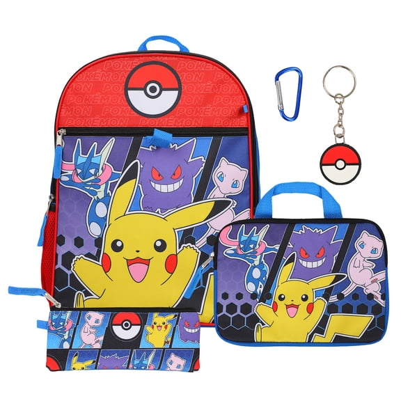 Pokemon 5-Piece Set: 16 Backpack Padded Utility Case Small Utility Case Rubber Keychain and Carabiner