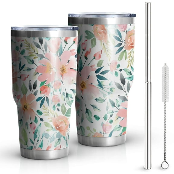 30oz Pioneer Tumbler Stainless Steel Vacuum Colorful Floral Insulated Travel Coffee Mug with Splash-Proof Lid Metal Straw White
