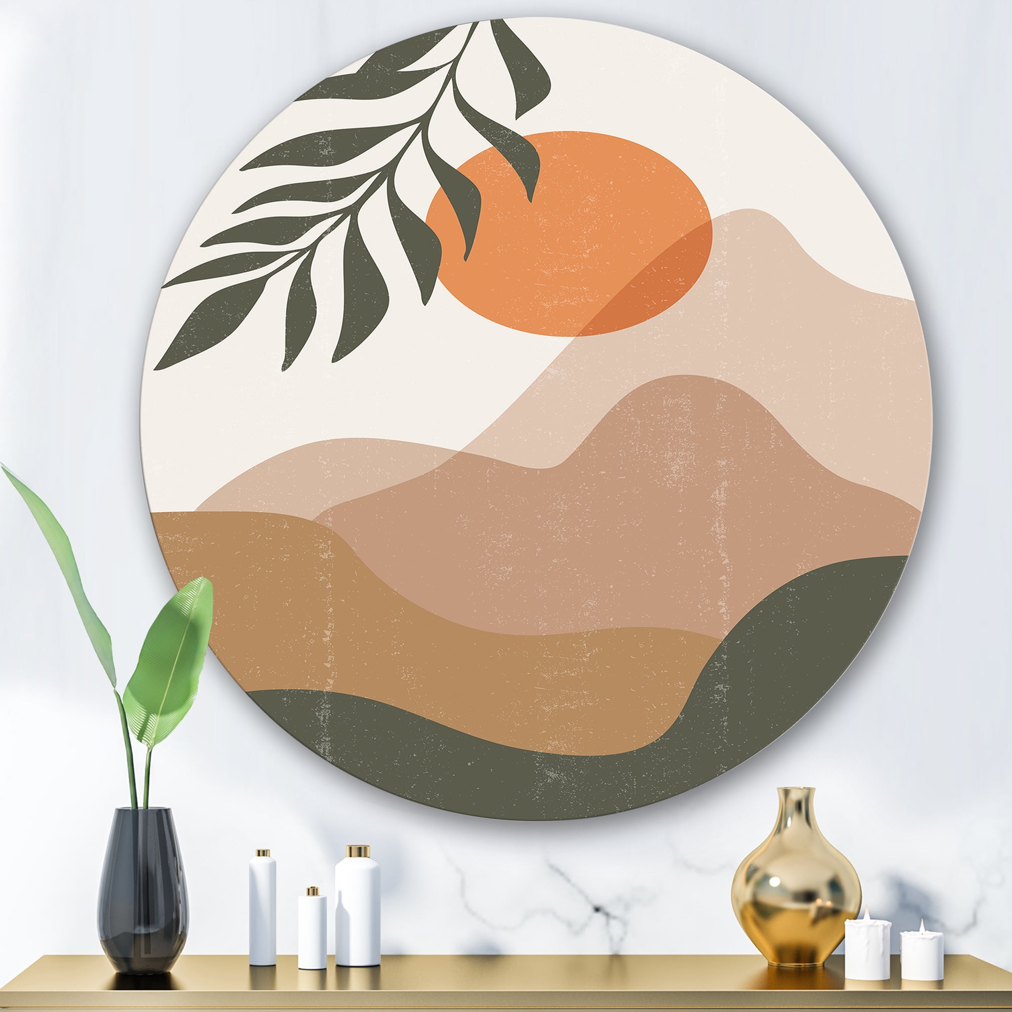 Designart 'Abstract Earth Toned Mountains With Red Moon I' Modern Circle Metal Wall Art 36x36 - Disc of 36