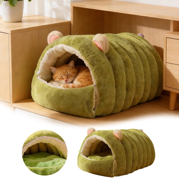 Cama cerrada para gatos, removible y lavable, cueva de invierno, nido plegable, cálido y seguro para gatos y perros pequeños de interior, cabaña de felpa cómoda y acogedora para mascotas