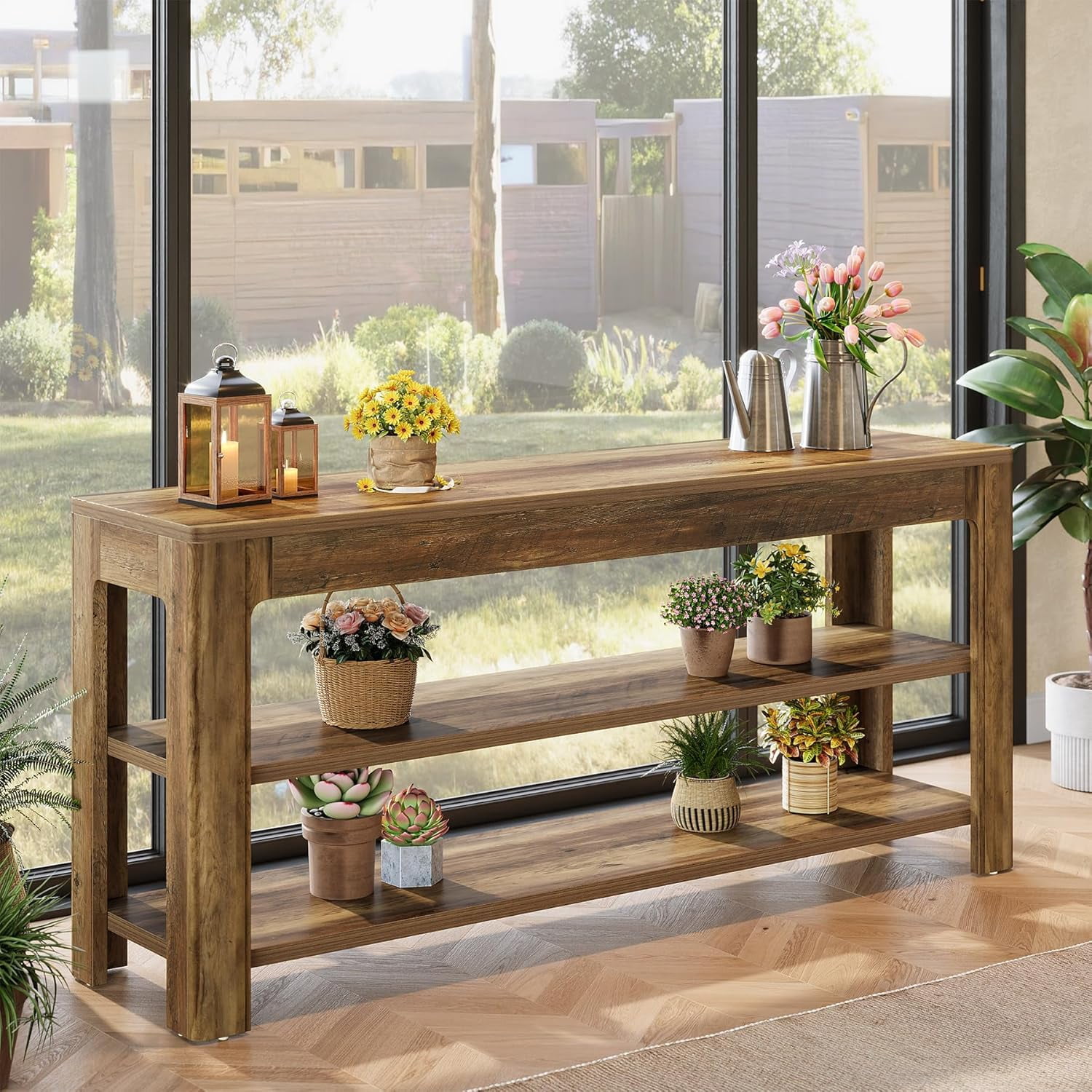 Finmind 63" Sofa Entryway Table, Farmhouse Wooden Console Table with Storage Shelves, Rustic Brown